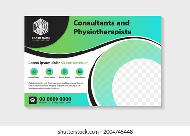 Wave Horizontal Flyer Template Design With Headline Consultants And Physiotherapists. Horizontal Layout With Space For Photo Collage. Curve Of Element Use Black Green Gradient And White Background.