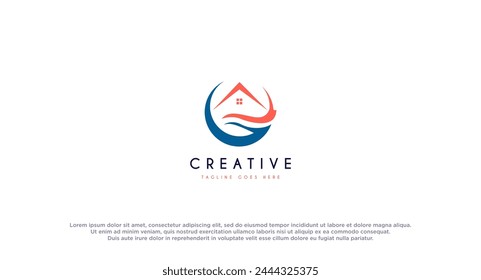 Wave with house for resort or vila logo design vector illustration.