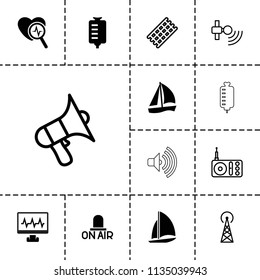 Wave icon. collection of 13 wave filled and outline icons such as signal tower, sailboat, drop counter, hair curler, radio, volume. editable wave icons for web and mobile.