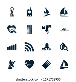 Wave icon. collection of 16 wave filled icons such as signal tower, hair curler, sailboat, drop under magnifier, wi-fi, heartbeat. editable wave icons for web and mobile.