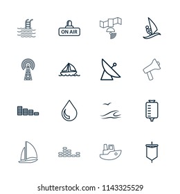 Wave icon. collection of 16 wave outline icons such as satellite, equalizer, drop counter, open air, boat, drop, sea and gull, surfing. editable wave icons for web and mobile.