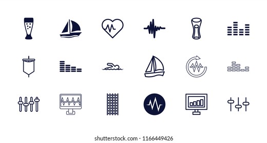 Wave icon. collection of 18 wave filled and outline icons such as equalizer, signal, sailboat, milk glass, heartbeat, swimmer, sail. editable wave icons for web and mobile.