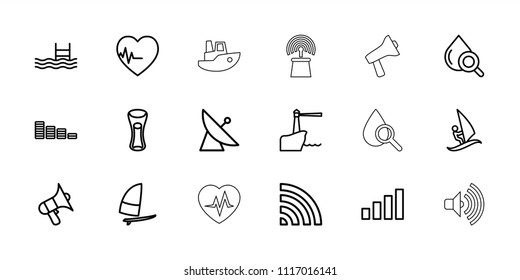 Wave icon. collection of 18 wave outline icons such as satellite, equalizer, milk glass, drop under magnifier, pool, volume, wi-fi. editable wave icons for web and mobile.