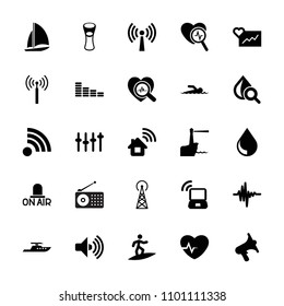 Wave icon. collection of 25 wave filled icons such as signal tower, equalizer, milk glass, drop under magnifier, volume. editable wave icons for web and mobile.