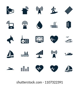 Wave icon. collection of 25 wave filled icons such as hair curler, boat, sailboat, heartbeat, drop counter, pool, radio, volume. editable wave icons for web and mobile.