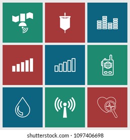 Wave icon. collection of 9 wave filled and outline icons such as signal, sail, equalizer, drop, walkie talkie, signal tower. editable wave icons for web and mobile.