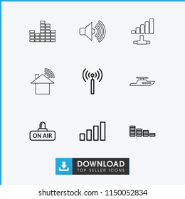 Wave icon. collection of 9 wave outline icons such as signal tower, equalizer, open air, signal, boat, home connection. editable wave icons for web and mobile.