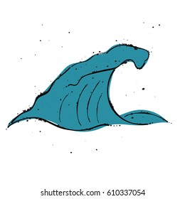 Wave icon. Grunge style icon with drops. Doodle vector. Sea collection