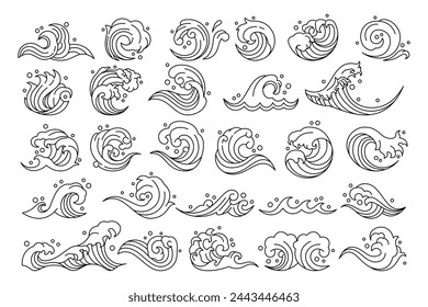 Wave icon. Pattern Japanese, Japan sea, water ocean. Logo Chinese, Asian graphic, Thai orient style, element splash design, decorate minimalistic design. Marine logotype. Outline pictogram. Vector set