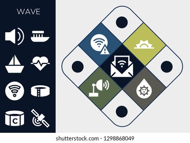  wave icon set. 13 filled wave icons. Simple modern icons about  - Feed, Captain, Signal, Wifi, Pool, Sailboat, Cardiogram, Audio, Boat, Sunrise, Satellite dish, Blood