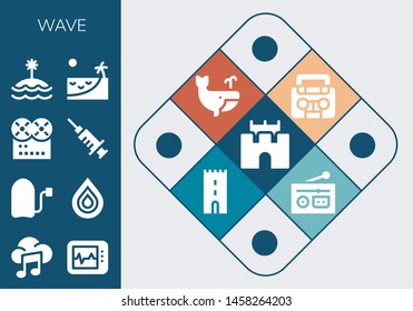 wave icon set. 13 filled wave icons.  Collection Of - Sand castle, Music, Electrocardiogram, Surf, Drop, Blood, Island, Beach, Radio, Whale, Tower