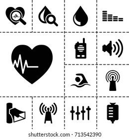 Wave icon. set of 13 filled wave icons such as equalizer, drop counter, drop under magnifier, signal, volume, heartbeat search, heartbeat, drop, swimming, walkie talkie