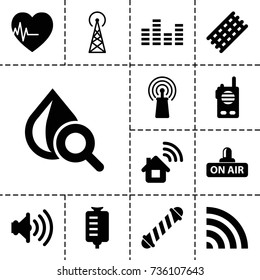 Wave icon. set of 13 filled wave icons such as signal tower, hair curler, drop counter, drop under magnifier, signal, wi-fi, open air, heartbeat, volume, equalizer
