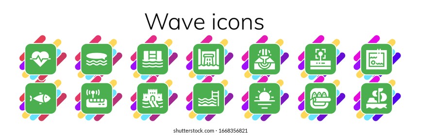 wave icon set. 14 filled wave icons.  Simple modern icons such as: Cardiogram, Fish, Surf, Wifi, Swimming pool, Sand castle, Hydro power, Eruption, Sunrise, Sailing