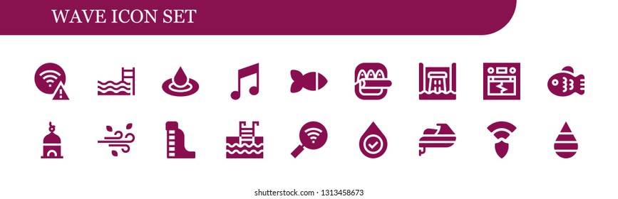 wave icon set. 18 filled wave icons.  Collection Of - Wifi, Swimming pool, Droplet, Music, Fish, Hydro power, Earthquake, Tower, Wind, Waterpark, Blood, Jet ski, Wireless, Drop