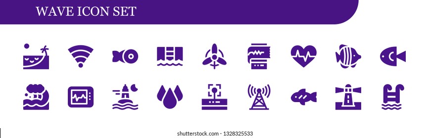 wave icon set. 18 filled wave icons.  Collection Of - Beach, Wifi, Fish, Pool, Wind, Cardiogram, Wave, Electrocardiogram, Ocean, Drop, Tower, Lighthouse, Swimming pool