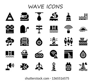 wave icon set. 30 filled wave icons.  Collection Of - Air, Wave, Drop, Sailing, Tower, Swimming pool, Music, Surf, Transmission tower, Wifi signal, Sunrise, Waterfall, Blood, Lighthouse