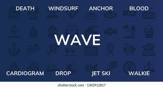  wave icon set. 32 filled wave icons. on blue background style Simple modern icons about  - Death, Windsurf, Anchor, Blood, Cardiogram, Drop, Jet ski, Walkie, Island, Forest fire