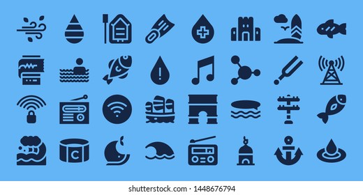 wave icon set. 32 filled wave icons. on blue background style Simple modern icons about  - Wind, Cardiogram, Wifi signal, Wave, Drop, Swimming pool, Radio, Captain, Boat, Fish