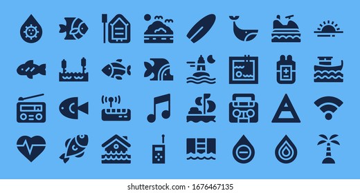 wave icon set. 32 filled wave icons. on blue background style Simple modern icons such as: Blood, Fish, Radio, Heartbeat, Lake, Boat, Wifi, Disaster, Sea, Music, Walkie talkie