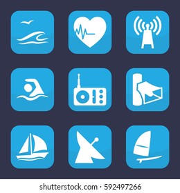 wave icon. Set of 9 filled wave icons such as satellite, radio, volume, heartbeat, swimming, windsurfing, sailboat, sea and gull