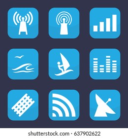Wave icon. set of 9 filled wave icons such as satellite, hair curler, signal, wi-fi, equalizer, sea and gull, surfing