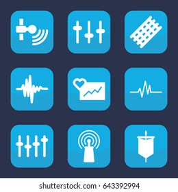 Wave icon. set of 9 filled wave icons such as hair curler, signal, equalizer, heartbeat, music equalizer, sail