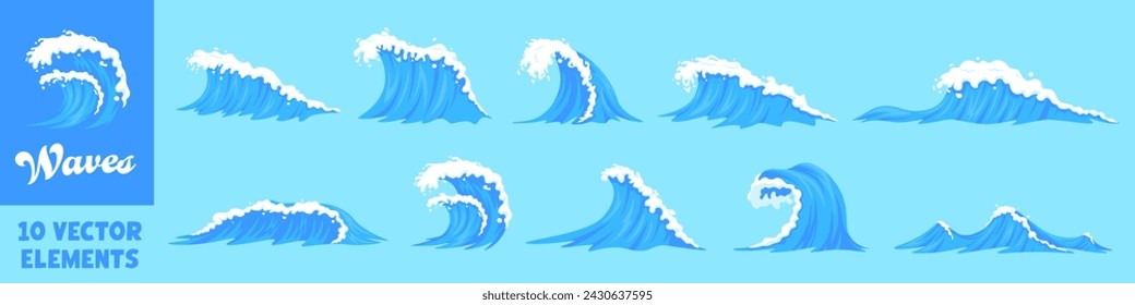 Wave icon set. Cartoon style.
