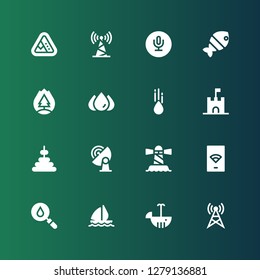 wave icon set. Collection of 16 filled wave icons included Antenna, Whale, Sail boat, Blood, Wifi, Lighthouse, Signal, Tower, Sand castle, Raindrop, Forest fire, Fish, Recording