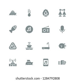 wave icon set. Collection of 16 filled wave icons included Sensor, Music, Yacht, Signal, Fish, Wifi, Antenna, Tsunami, Audio, Radio, Tower, Forest fire, Raindrop, Boat
