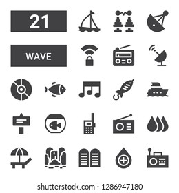 wave icon set. Collection of 21 filled wave icons included Radio, Drop, Commandments, Waterfall, Beach, Drops, Walkie talkie, Fish, Signal, Yacht, Music, Satellite dish, Wireless