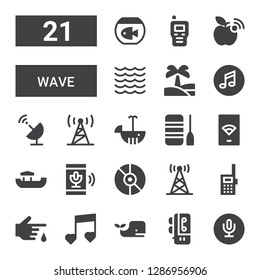 wave icon set. Collection of 21 filled wave icons included Recording, Voice recorder, Whale, Music, Blood, Walkie talkie, Antenna, Boat, Wifi, Signal, Satellite dish, Oasis, Sea