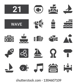 wave icon set. Collection of 21 filled wave icons included Signal, Earthquake, Music, Fish, Sailing boat, Signals, Death, Sailboat, Air, Landscape, Sensor, Sand castle, Radio