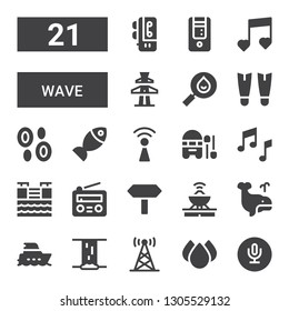 wave icon set. Collection of 21 filled wave icons included Recording, Drops, Antenna, Waterfall, Yacht, Whale, Signals, Radio, Tsunami, Music, Boat, Wifi, Fish, Blood, Fins, Drop