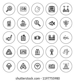 Wave icon set. collection of 25 outline wave icons with antenna, boat, blood drop, blood, fish, drop, landscape, music, router, sensor, surf board icons. editable icons.