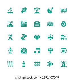 wave icon set. Collection of 25 filled wave icons included Lighthouse, Fish, Waves, Sea, Signal, Music, Avalanche, Antenna, Boat, Drops, Blood, Forest fire, Radio, Earthquake