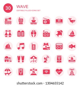 wave icon set. Collection of 30 filled wave icons included Boat, Radio, Antenna, Pool, Tower, Commandments, Fish, Sail boat, Music, Walkie talkie, Oasis, Fins, Beach, Free wifi