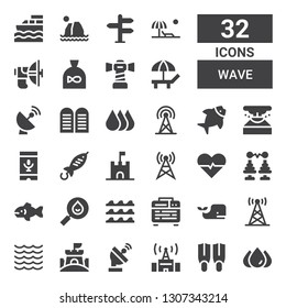 wave icon set. Collection of 32 filled wave icons included Blood, Fins, Signal, Satellite dish, Sand castle, Sea, Antenna, Whale, Amplifier, Waves, Drop, Fish, Tower, Heartbeat