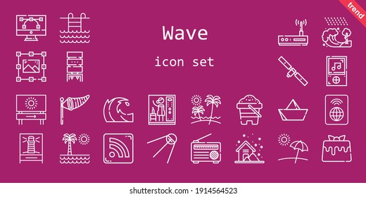 wave icon set. line icon style. wave related icons such as wind sign, wifi, storm, caramel, lighthouse, graphic design, water dispenser, music player, rss feed, wave, radio, sand, tsunami, router