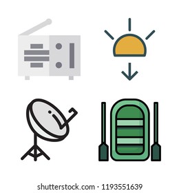 wave icon set. vector set about inflatable boat, satellite dish, radio and sunset icons set.
