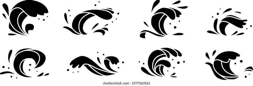 Wave icon set with water swirl of sea or ocean. Black and white curls of water stream, ocean surf or sea storm with splashes and bubble foam for nature, marine travel or summer holiday themes design