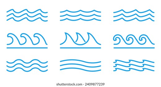 Wave icon set. Water waves line logo collection. Sea, ocean outline symbol. Vector illustration.