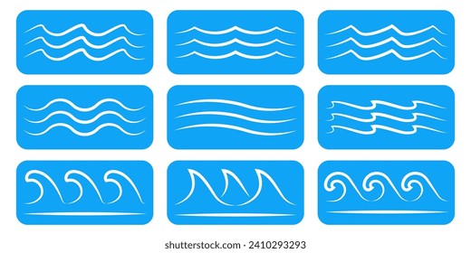 Juego de iconos de onda. Logo de la línea de olas de agua o colección de letreros. Mar, símbolo de contorno oceánico. Ilustración vectorial.