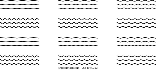 Wave icon. Set of wavy zigzag lines. Wave ornament pattern isolated on white background. Wave and zigzag horizontal lines. Curvy and jagged decorative borders isolated. Curved lines zigzag