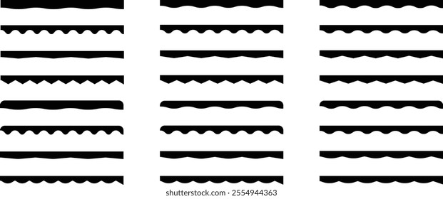 Wave icon. Set of wavy zigzag lines. Wave ornament pattern isolated on white background. Wave and zigzag horizontal lines. Curved lines zigzag. Curvy and jagged decorative borders isolated