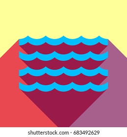 Wave icon. Vector. Deep sky blue icon with two flat violet and raspberry semitransparent shadows on canary background.