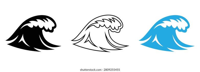 Wave Icon Vector Set in Outline and Solid Silhouette Styles Isolated on White 
ackground
