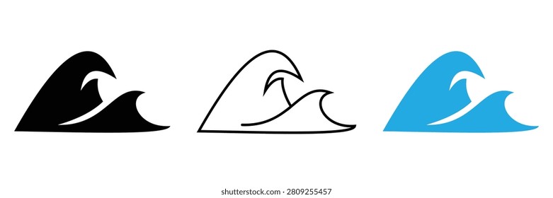 Wave Icon Vector Set in Outline and Solid Silhouette Styles Isolated on White 
ackground
