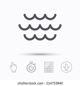 Wave icon. Water stream symbol. Stopwatch timer. Hand click, report chart and download arrow. Linear icons. Vector
