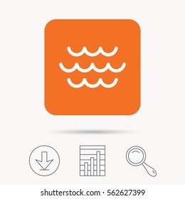 Wave icon. Water stream symbol. Report chart, download and magnifier search signs. Orange square button with web icon. Vector